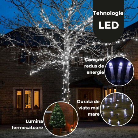 Instalatie de Craciun Liniara Yoto, 50 m, 1 m Prelungitor 220V, 498 LED, 8 Jocuri de Lumini, Controler, Fir Negru, Utilizare Interior/Exterior, Protectie anti-inghet, Fir Cupru, Alb Rece