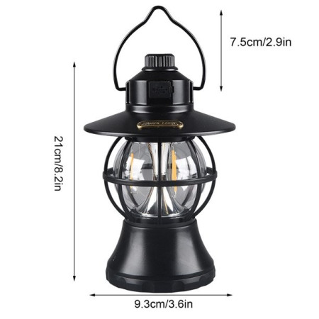 Lampă de camping retro portabilă, Felinar Vintage LED ABS, Acumulator inclus 1200 mAh, reincarcabila, 20 cm inaltime, 3 moduri de iluminare, intensitate reglabila,Lampa portabila pentru cort în aer liber, Negru