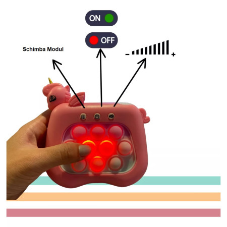 Jucarie Interactiva Pop It Whack A Mole, Flippy, Tip Consola, Anti-Stres, 4 Moduri de Joc, din ABS si Silicon, +3 Ani, Model Unicorn, Roz