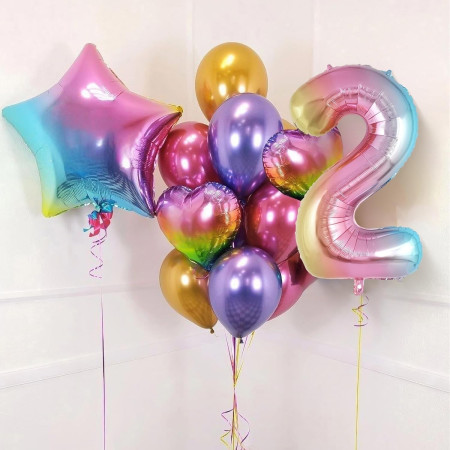 Balon din Folie Metalizata Flippy, Figurina Cifra Gradient, Tema Aniversare 40 cm, Ambalaj Individual, Pai inclus, Umflare cu Aer sau Heliu, Multicolor, Cifra 2