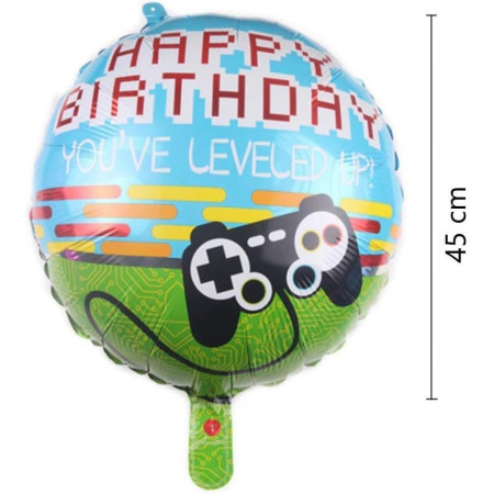 Balon din Folie Metalizata, Flippy, Mini Figurina Rotunda, Model Happy Birthday Gamer, Tema Aniversare, 45 cm, Ambalaj Individual, Pai inclus, Umflare cu Aer sau Heliu, Albastru