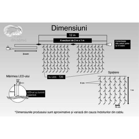 Instalatie Craciun, Tip Perdea, IP44, 12 m x 1 m, 720 LED-uri, Albastru, cu flash, Transformator, Interconectabila, Prelungitor 3 m inclus, Fir transparent, Interior/ Exterior, Flippy