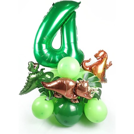 Balon din Folie Metalizata, Flippy, Mini Figurine Dinozauri, Model T-Rex, Tematica Aniversare, 48x34 cm, Ambalaj Individual, Pai Inclus, Umflare cu Aer sau Heliu, Multicolor