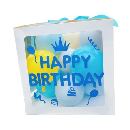 Cutie pentru Baloane, Flippy, Tematica Aniversare, Model Scris Happy Birthday, Baloane Albastre, Albe, Galbene si Panglica Incluse, Contur Alb, Transparenta, 30x30 cm