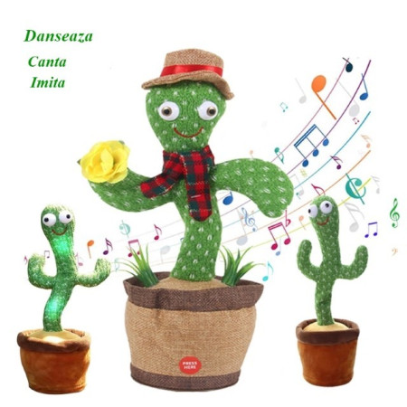 Jucarie Cactus dansator cu acumulator, Imita, Canta, Danseaza, Palarie si fular incluse