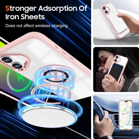 Husa de Protectie TPU, Flippy, pentru iPhone 16, Anticadere, cu Incarcare Wireless, Tehnologie Magsafe, Inel Magnetic Rotativ cu Functie de Suport, Transparent-Roz