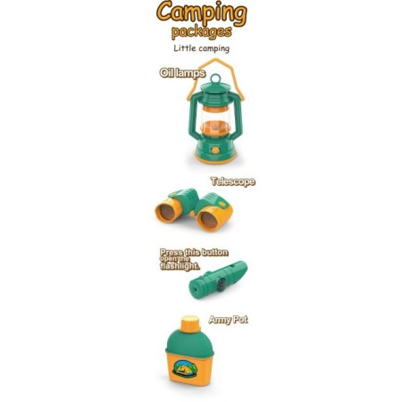 Set camping exterior/interior pentru copii, 7 accesorii cu tematica si cort, multicolor