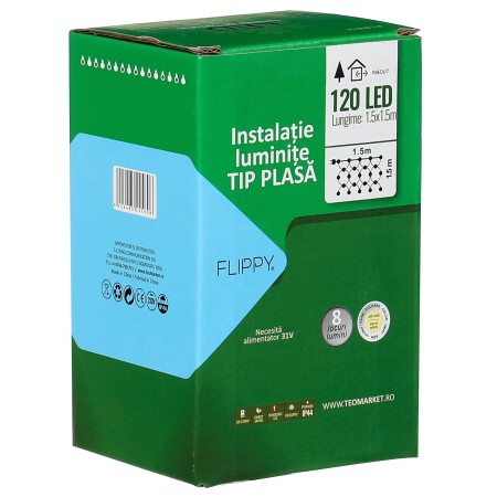 Instalatie Craciun tip plasa, cu transformator 31V, 1.5 m x 1.5 m, Alb Cald, 120 LED-uri V5, 8 jocuri de lumini, fir verde, Flippy