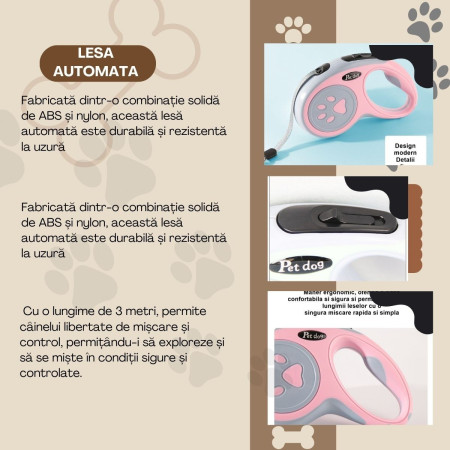 Lesa Automata Retractabila, Flippy, pentru Caini, 3m, 20 kg, ABS/Nylon, Roz/Gri, 8x12x4 cm