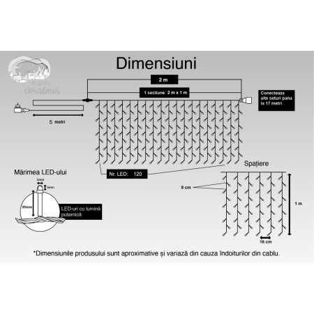 Instalatie Craciun, Tip Perdea, IP44, 2 m x 1 m, 120 LED-uri, Albastru, cu flash, Transformator cu telecomanda, Interconectabila, Prelungitor 5 m inclus, Fir transparent, Interior/ Exterior, Flippy