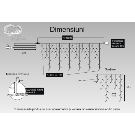 Instalatie Craciun, 4 m, 132 Led-uri ,Franjuri, Alb cald, Flash, Transformator cu telecomanda, Interconectabila, Prelungitor 3 m inclus, Fir Negru, Flippy