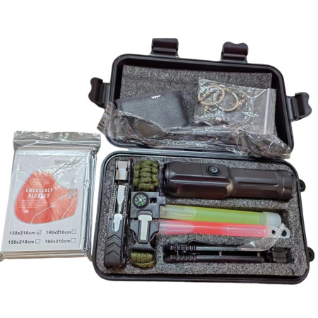 Kit supravietuire multifunctional, Flippy, Instrumente profesionale, Tip Valiza, pentru Camping, Drumetii, Aventuri in aer liber, 130x210 cm, Negru