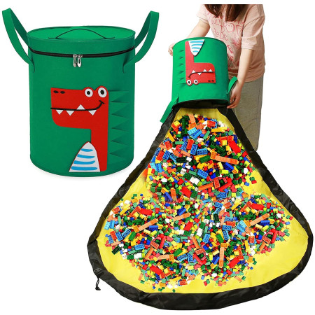 Cutie de Depozitare 2In1, Flippy, Impermeabila, Covor pentru Jucarii si Lego 150cm, Capacitate Mare, cu Manere, cu Sfori, Inaltime 40cm, Model Crocodil, Verde