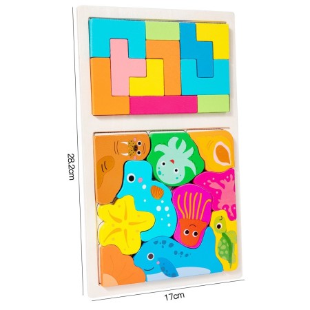 Puzzle Montessori din Lemn pentru Copii, Flippy, Tip Tetris 2in1 +3 Ani, cu Animale Marine Colorate 3D, Educativ, Intuitiv, Creativ, 21 de Piese, 28.5x17x1.2 cm, Multicolor