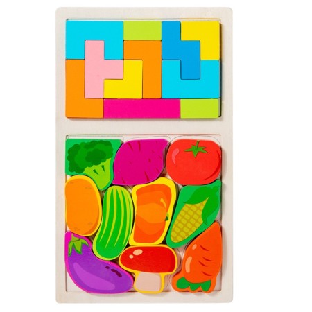 Puzzle Montessori din Lemn pentru Copii, Flippy, Tip Tetris 2in1 +3 Ani, cu Legume Colorate 3D, Educativ, Intuitiv, Creativ, 21 de Piese, 28.5x17x1.2 cm, Multicolor