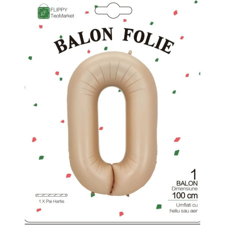 Balon din Folie Metalizata, Flippy, Model Cifra 0, 100 cm, Ambalaj Individual, Pai Inclus, Crem