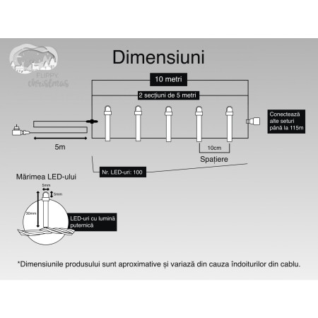 Instalatie Craciun, 10 m, 100 Led-uri ,Liniara, Rosu/Albastru/Rosu/Verde, Flash, Transformator cu telecomanda, Interconectabila, Prelungitor 5 m inclus, Fir Verde, Flippy