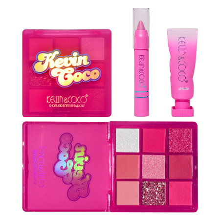 Set 3 Produse de Machiaj, KEVIN & COCO, Pink Hearted, 9 culori, 15.5 x 13 x 3.4 cm