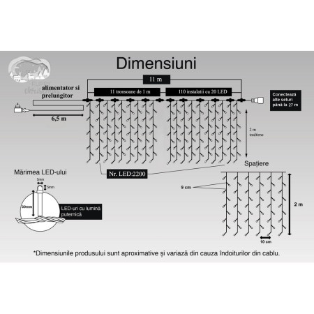 Instalatie Craciun Profesionala de Exterior IP65, Tip Perdea, 11m x 2m, 2200 Led-uri Mari, Alb cald, cu flash, Alimentator si prelungitor 6,5 m, Interconectabila, Fir negru, Flippy