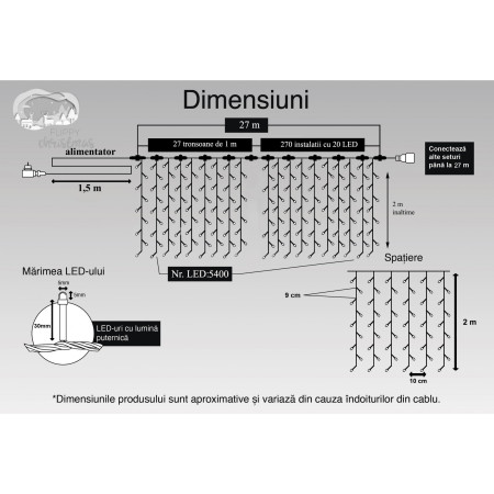 Instalatie Craciun Profesionala de Exterior IP65, Tip Perdea, 27m x 2m, 5400 Led-uri Mari, Alb rece, cu flash, Alimentator 1,5 m, Interconectabila, Fir negru, Flippy