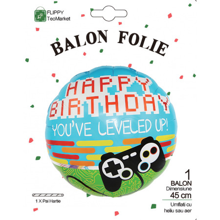 Balon din Folie Metalizata, Flippy, Mini Figurina Rotunda, Model Happy Birthday Gamer, Tema Aniversare, 45 cm, Ambalaj Individual, Pai inclus, Umflare cu Aer sau Heliu, Albastru