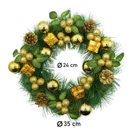 Coronita de Craciun pentru usa, Verde/Auriu, 35 cm, PVC, Artificiala, Decorata, Interior/Exterior, Flippy