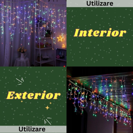 Instalatie Craciun Yoto, Tip Franjuri/Turturi, 4 m, 120 LED-uri, Prelungitor 1.5 m, 8 Jocuri de Lumini, Interconectabila, Conectare la Retea, Fir transparent, Interior/Exterior, Multicolor