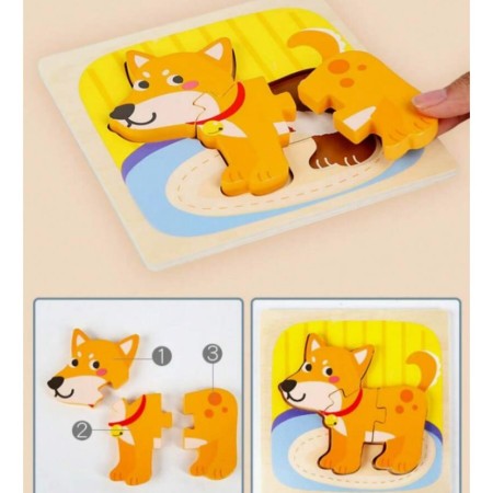 Puzzle Montessori din Lemn pentru Copii, Flippy, 3D, 0-3 Ani, Model Catel, Educativ, Intuitiv, Creativ, 3 Piese, 15x15x0.5 cm, Multicolor