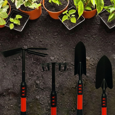 Set 4 Unelte de Gradina Flippy, Maner extensibil, pentru Plantare Prelucrare Sol si Ingrijire Plante, Material otel carbon, negru