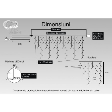 Instalatie Craciun, 30 m, 858 Led-uri ,Franjuri, Albastru, Flash, Transformator cu telecomanda, Interconectabila, Prelungitor 3 m inclus, Fir Transparent, Flippy