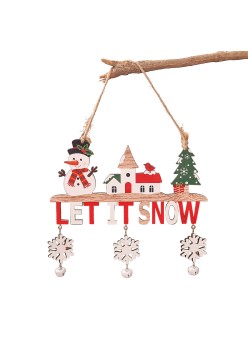 Decoratiune de Craciun din Lemn, Flippy, cu Snur pentru Agatare in Brad, Model Om de Zapada, Scris Let It Snow, 21.9x19 cm, Multicolor