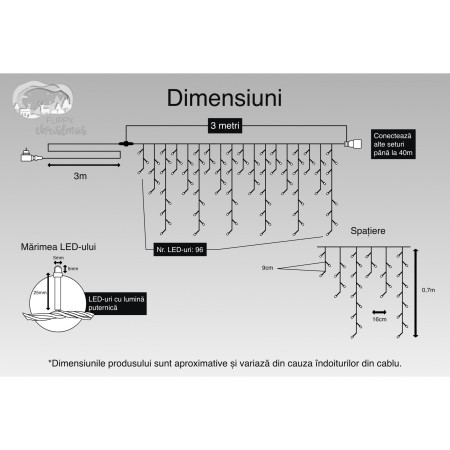 Instalatie Craciun, 3 m, 96 Led-uri ,Franjuri, Alb cald, 8 jocuri de lumini, Transformator cu telecomanda, Interconectabila, Prelungitor 3 m inclus, Fir Negru, Flippy