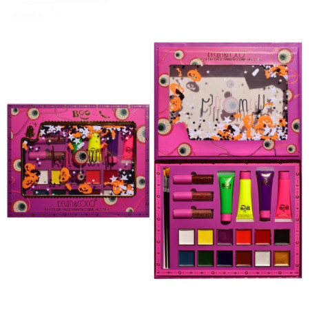 Set Produse de Pictat Fata, KEVIN & COCO, Halloween, 12 culori, 3 Rujuri, 4 Tuburi Vopsea, 25.5 x 20.5 x 2.6 cm, Multicolor