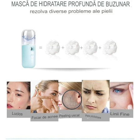 Spray de Hidratare Facială cu Tehnologie Nano, Flippy, Hidratare, Igienizare, Abur Rece, Încărcare USB, Capacitate 30 mL, 10cm, Albastru