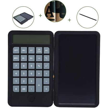 Calculator de Mana Reincarcabil cu Tabla de Scris, Flippy, Calculator Portabil, Ecran LCD, Afisaj cu 12 Cifre, Ecran de 15 cm, Culoare Negru