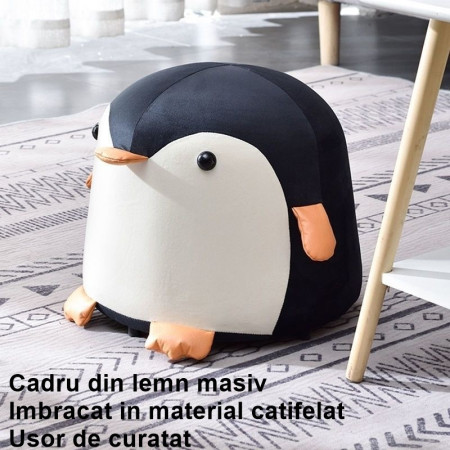 Taburet Pentru Copii, Flippy, Cadru din Lemn Masiv, 25 x 29 x 29 cm, Perna de Burete Elastica si Maner de Transport, in Forma de Pinguin, Negru