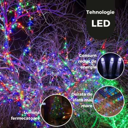 Instalatie de Craciun Liniara Yoto, 22 m, din care 1 m Prelungitor 220V, 300 LED, 8 jocuri de lumini, Controler, Utilizare Interior/Exterior, Fir Negru, multicolor