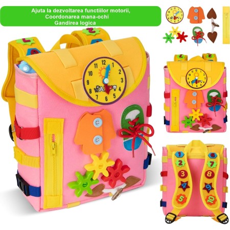 Ghiozdan Montessori, Flippy, pentru Copii 2-6 ani, Fidget Pop, cu Catarame si Fermoare, Jucarii Senzoriale, Activitate de Invatare prin Joc, Roz, 0.25 kg, 28x10x23 cm