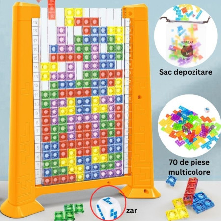 Joc de inteligenta Tetris puzzle tangram Flippy, 70 de piese multicolore, 3D, montessori, interactiv, din plastic, zar inclus, sac depozitare piese, varsta peste 6 ani, 23 x 19.8 x 5 cm, cadru galben