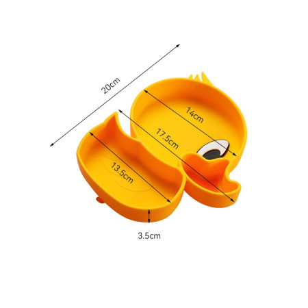 Set diversificare bebelusi Flippy, din silicon, 20 x 17.5 cm, 1 farfurie compartimentata in forma de rata, lingurita si furculita, pai, perie pai, fara alergeni, ventuza fixare,  forma creativa,  galben