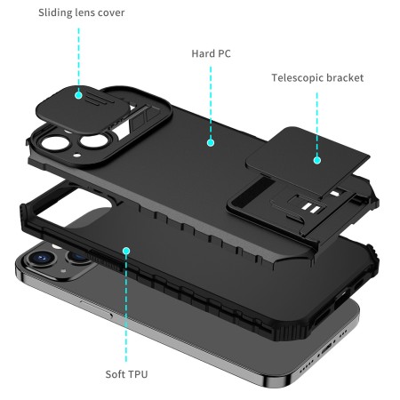 Husa Defender cu Stand pentru Samsung Galaxy S22 Plus, Negru, Suport reglabil, Antisoc, Protectie glisanta pentru camera, Flippy