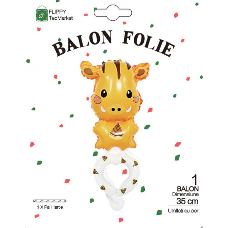 Balon din Folie Metalizata, Flippy, Figurine Animalute, Tip Bratara, Model Girafa, 13 x 35 cm, Ambalaj Individual, Pai Inclus, Umflare cu Aer sau Heliu, Maro