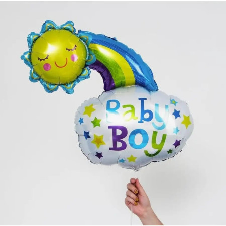 Balon din Folie Metalizata, Flippy, Figurina Soare si Nor, Tema Botez, 60x53 cm, Ambalaj Individual, Pai Inclus, Umflare cu Aer sau Heliu, Albastru