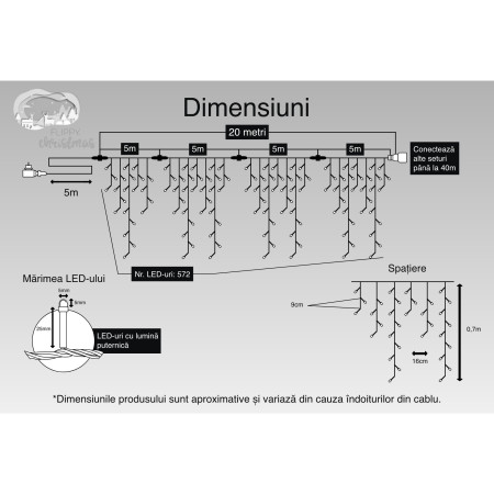 Instalatie Craciun, 20 m, 572 Led-uri ,Franjuri, Alb rece, Flash, Transformator cu telecomanda, Interconectabila, Prelungitor 5 m inclus, Fir Transparent, Flippy