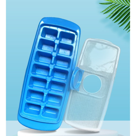 Forma pentru cuburi de gheata Flippy, 14 cuburi, reutilizabil, plastic alimentar, cu capac, orificiu umplere, dreptunghiulara, 29.5 x 12.5 x4 cm, albastru