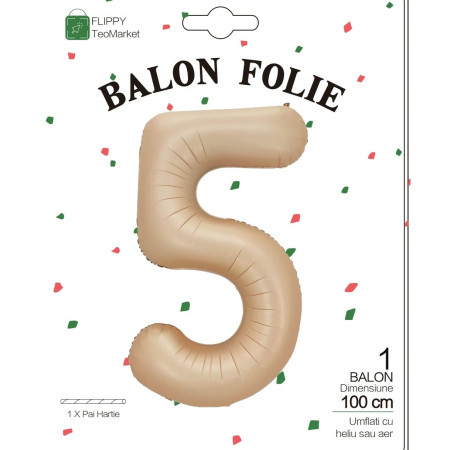 Balon din Folie Metalizata, Flippy, Figurina Cifra, Model 5, Tema Aniversare 100 cm, Ambalaj Individual, Pai Inclus, Umflare cu Aer sau Heliu, Crem