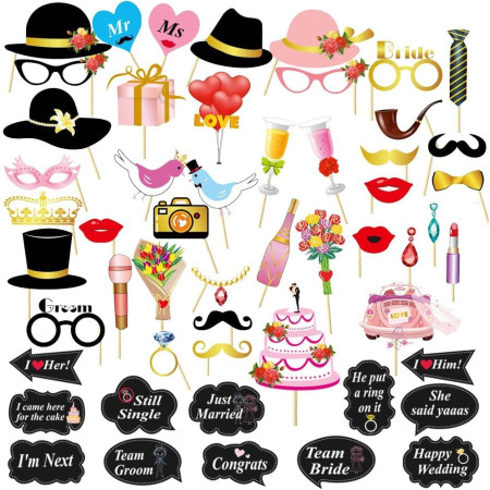 Set 60 de Accesorii pentru Petrecere, Flippy, Tematica Nunta, Props pentru Coltul de Poze, Ochelari, Palarii, Mustata, Cravata, pentru Evenimente, Multicolor