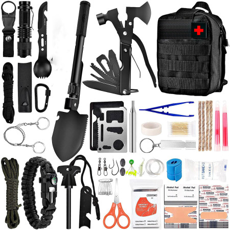 Kit supravietuire multifuncional Flippy, 42 de Instrumente Profesionale, Echipament de prim-ajutor, Drumetie, Camping, Negru