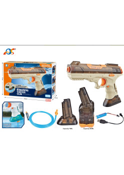 Pistol cu apa 2in1 pentru copii Flippy, 2 Rezervoare de 75 si 300 mL, Reglabil, material ABS/silicon, Electric, Baterie, Furtun, Maro