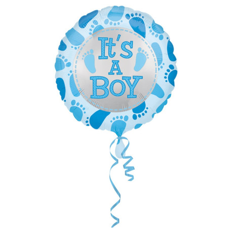 Balon din Folie Metalizata, Flippy, Figurina Rotunda, Model It's a Boy, Tema Gender Reveal, 45 cm, Ambalaj Individual, Pai Inclus, Umflare cu Aer sau Heliu, Albastru